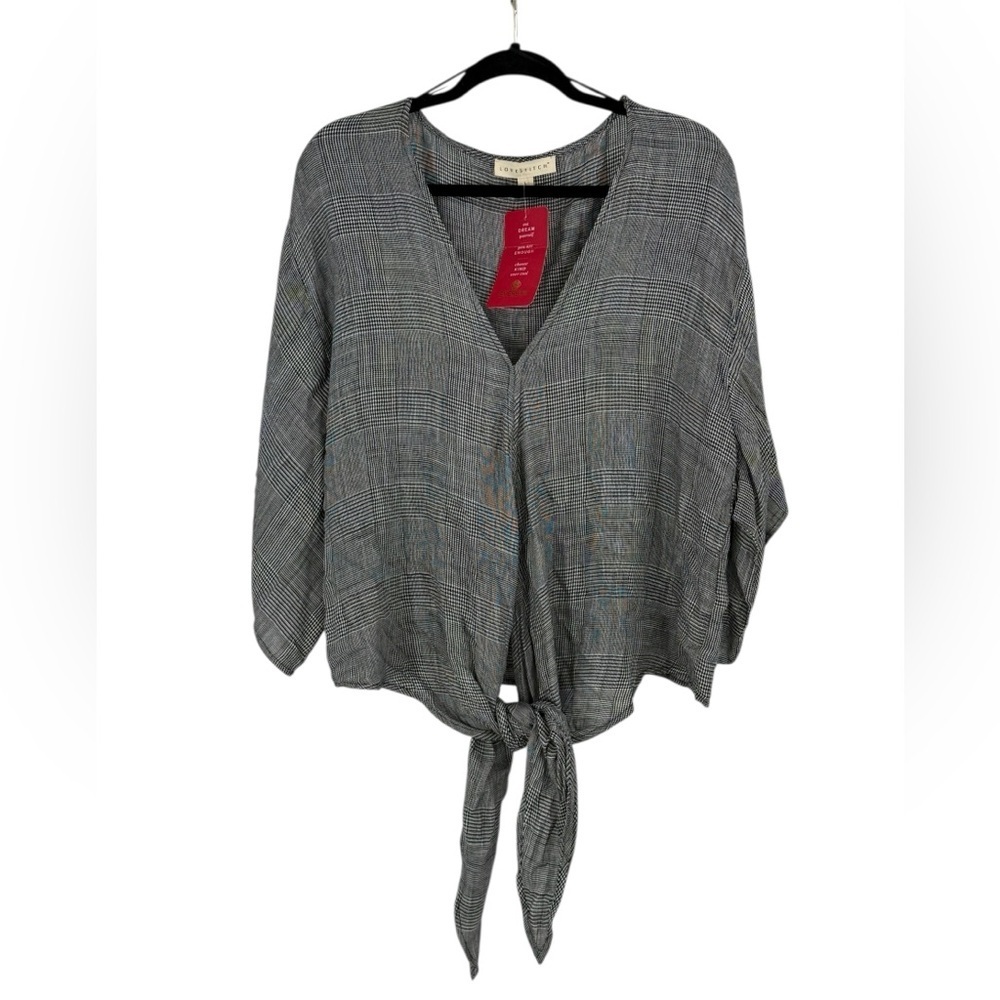 NWT Lovestitch Evereve Tie Front Kimono Sleeve Plaid Black White Glen Check Top
